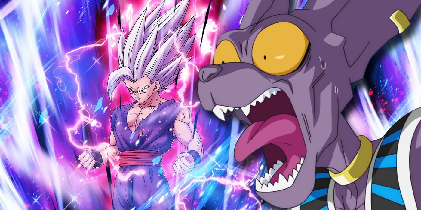 Dragon Ball Super: Beerus looking at Gohan Beast with a shocked expression.