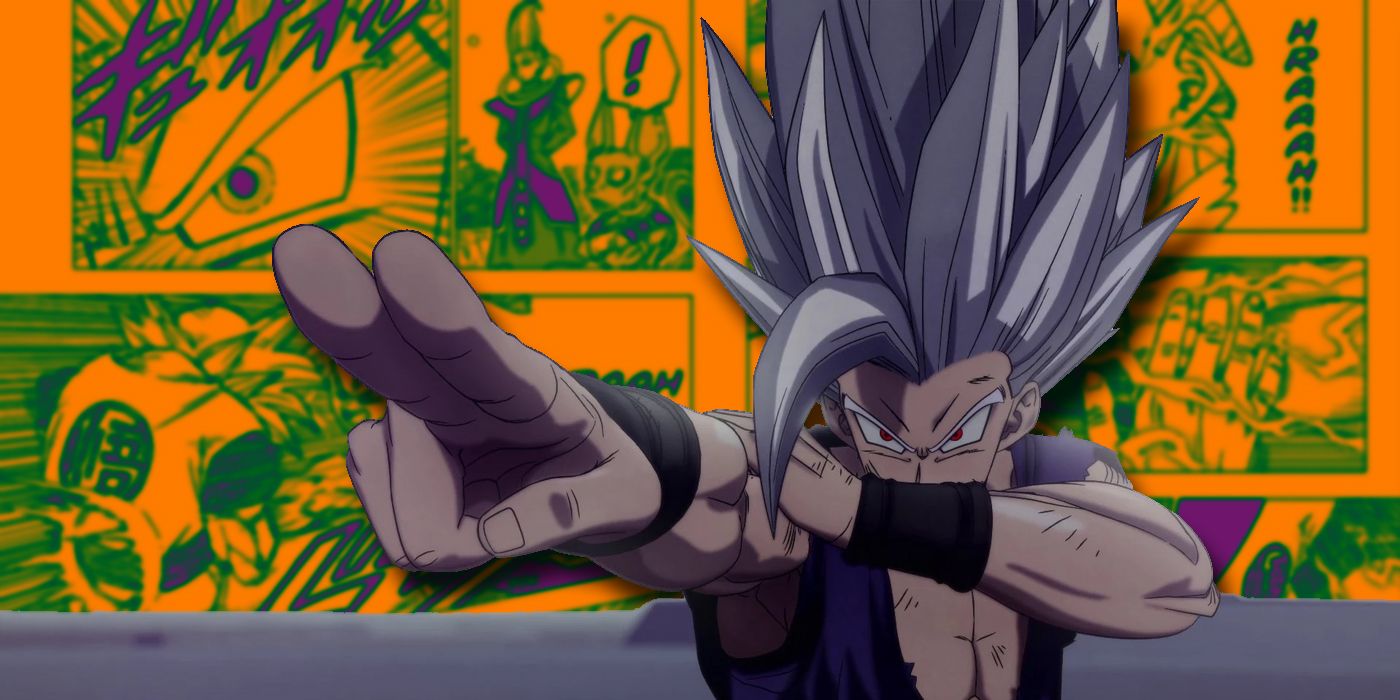 Dragon Ball Super: Gohan in his Beast mode in front of manga panels.