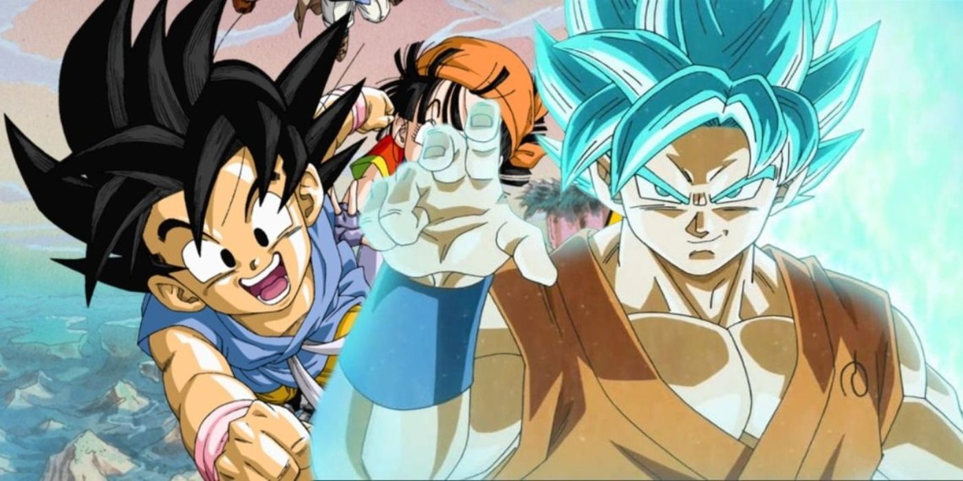 Dragon Ball Super's SSJBlue Goku with his GT counterpart behind him.