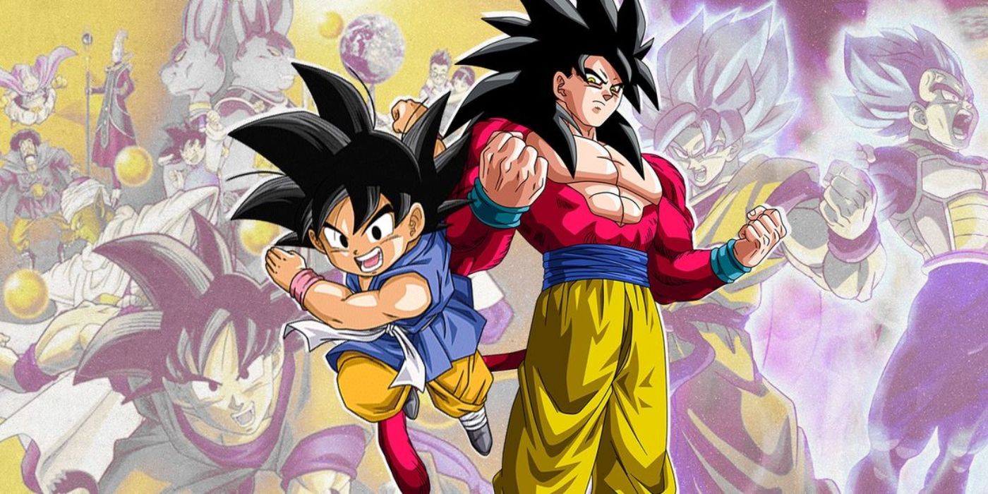 Kid and SSJ4 Goku with Dragon Ball Super versions of themselves in the background.