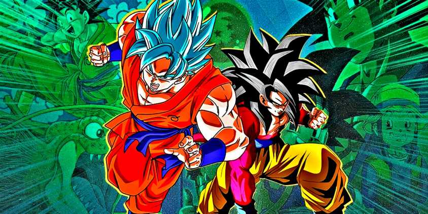 Goku from Dragon Ball Super and GT, with anime stills behind them.