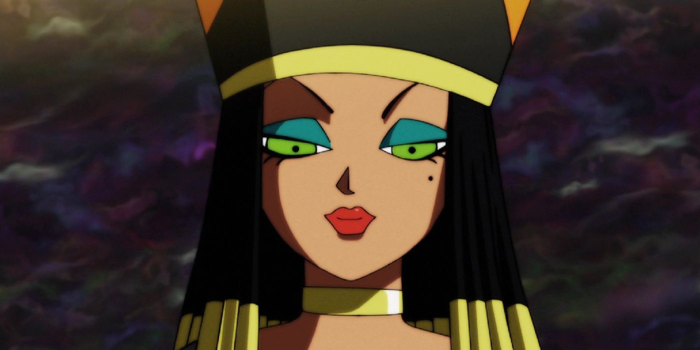 Dragon Ball Super's Heles looking smug with a variety of spacey colors behind her.
