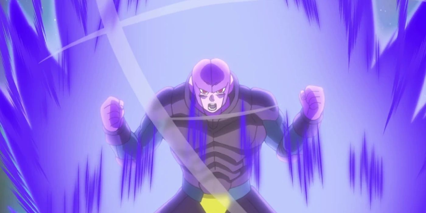 Dragon Ball Super's Hit powers up with purple energy surrounding him.