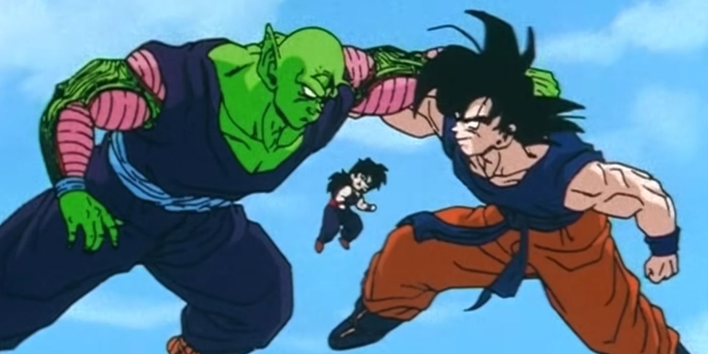 Screenshot from Dragon Ball Z anime episode 124 shows Piccolo Goku and Gohan Training