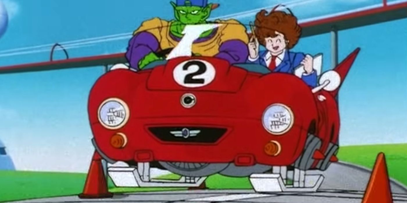 Captura de tela do episódio 125 do anime Dragon Ball Z mostra Piccolo dirigindo um carro passando por cones enquanto faz um teste.