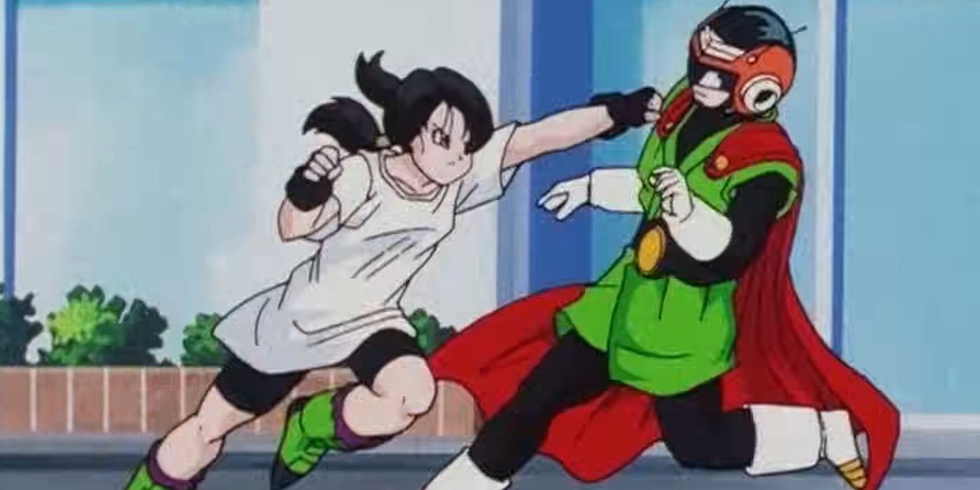 Screenshot from Dragon Ball Z anime filler shows Gohan as Great Saiyaman fighting Videl.