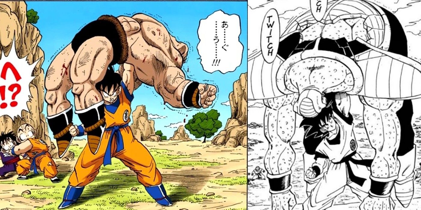 Goku levanta Nappa e Burter acima de sua cabeça com um braço em Dragon Ball Z. 