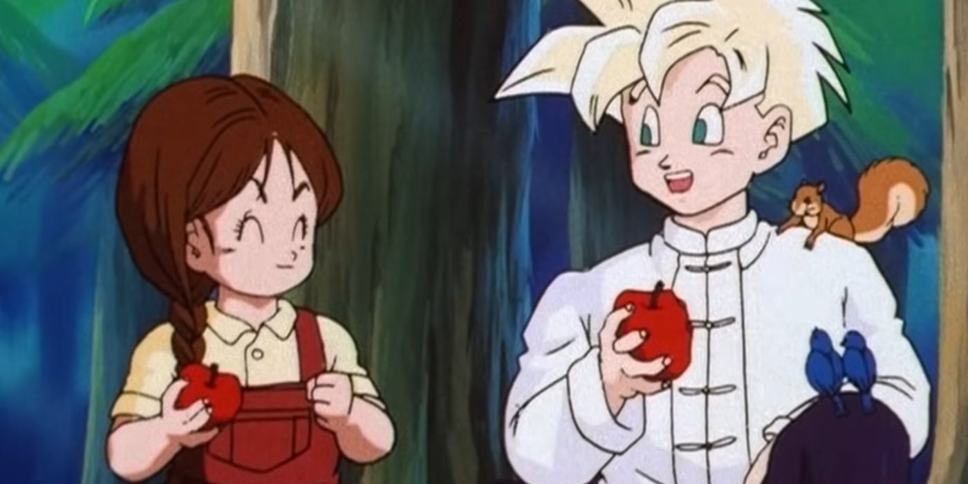 A screenshot from the anime filler “Dragon Ball Z” shows Super Saiyan Gohan eating apples in the forest with a girl named Lime.