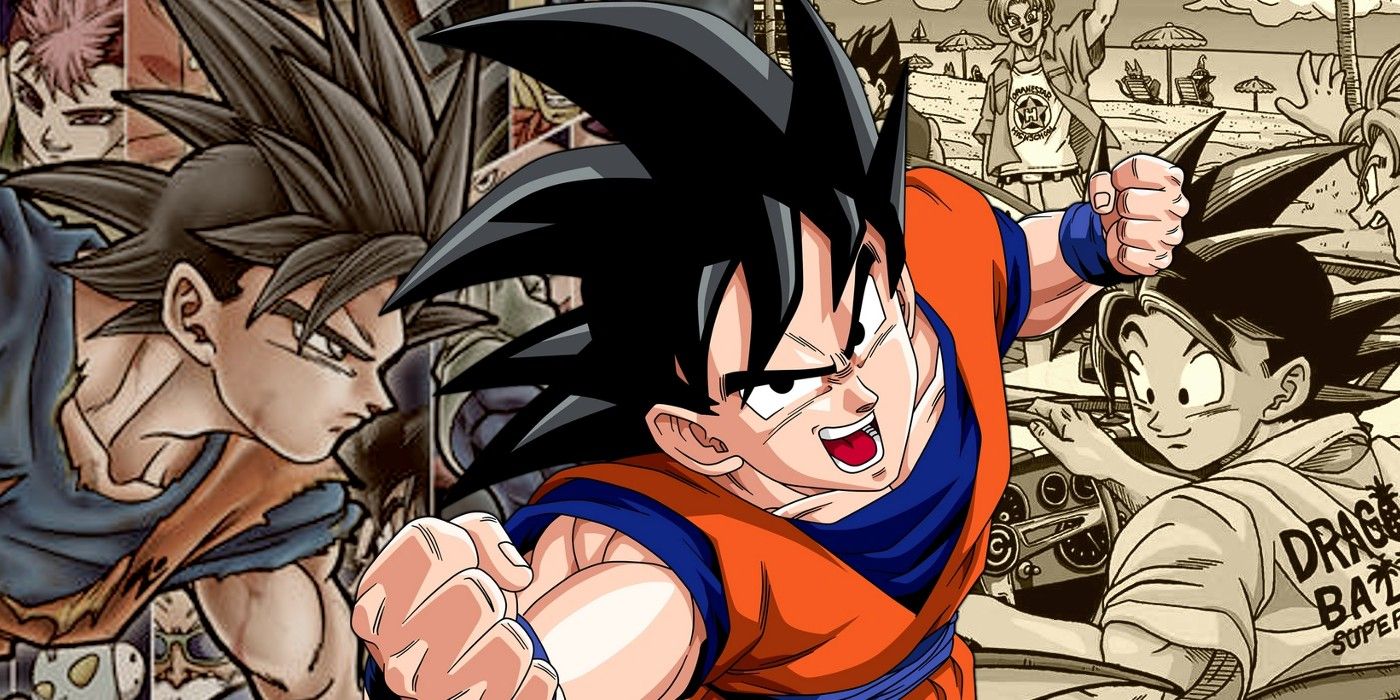 Goku punches forward, layered over images of himself from Dragon Ball Super covers