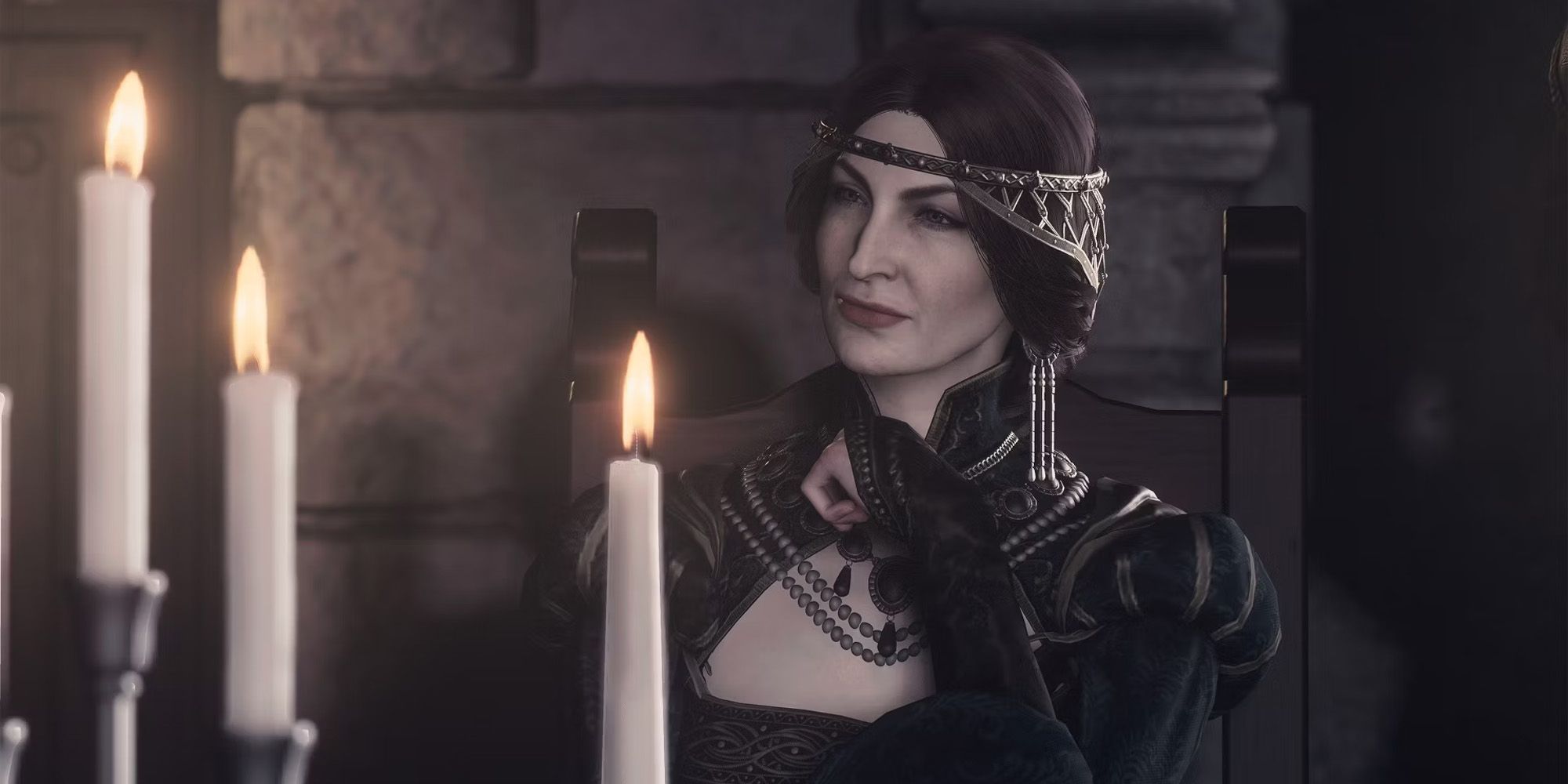 Dragon's Dogma 2 Disa, a somewhat sinister looking woman in a decorative metal headband and fancy black dress sits at a table in front of candles looking contemplative.