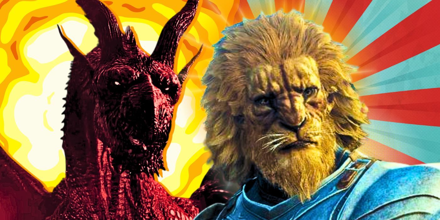 The Dragon and a sad-looking beastren Pawn from Dragon's Dogma 2, with a fiery background.