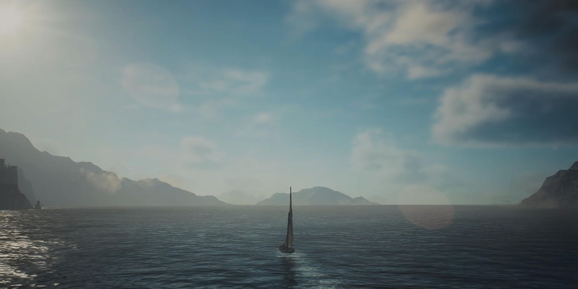 Um veleiro no final de Dragon's Dogma 2, navegando de uma baía em direção ao oceano aberto.