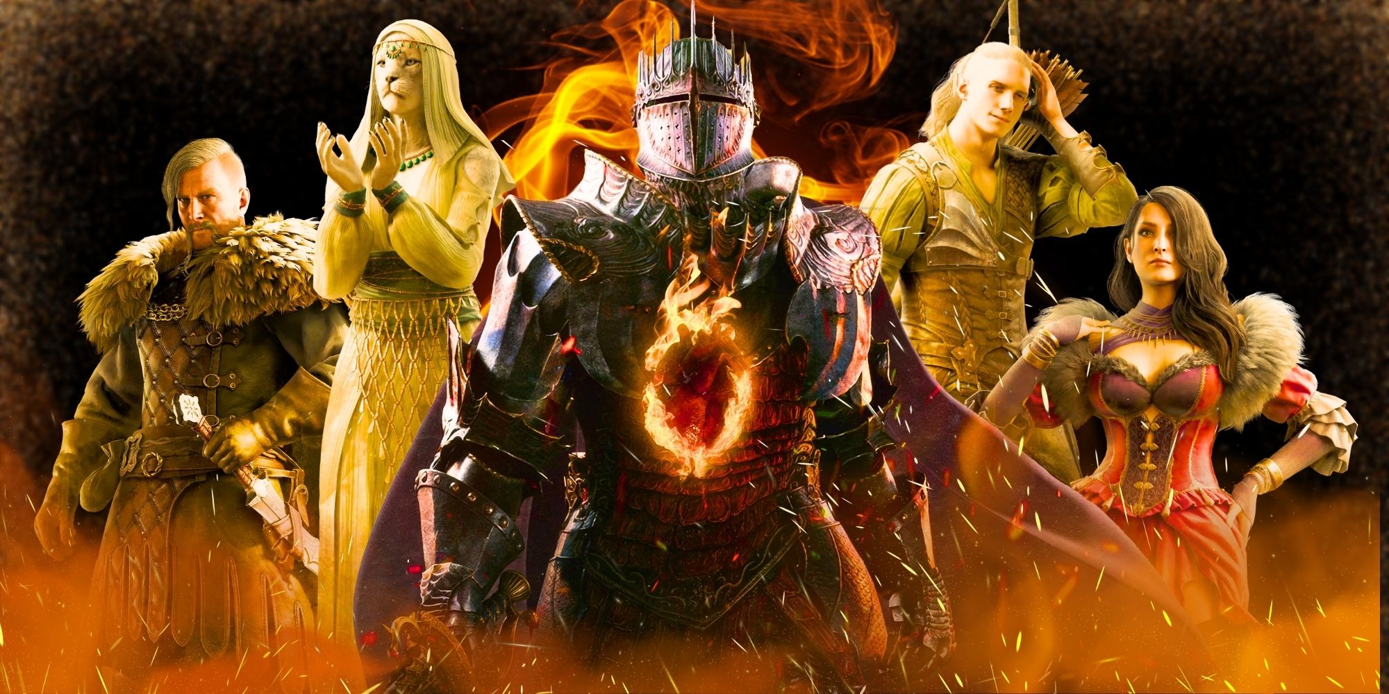 Cinco personagens de Dragon's Dogma, posando ao redor do Arisen no centro, todos cercados por chamas.