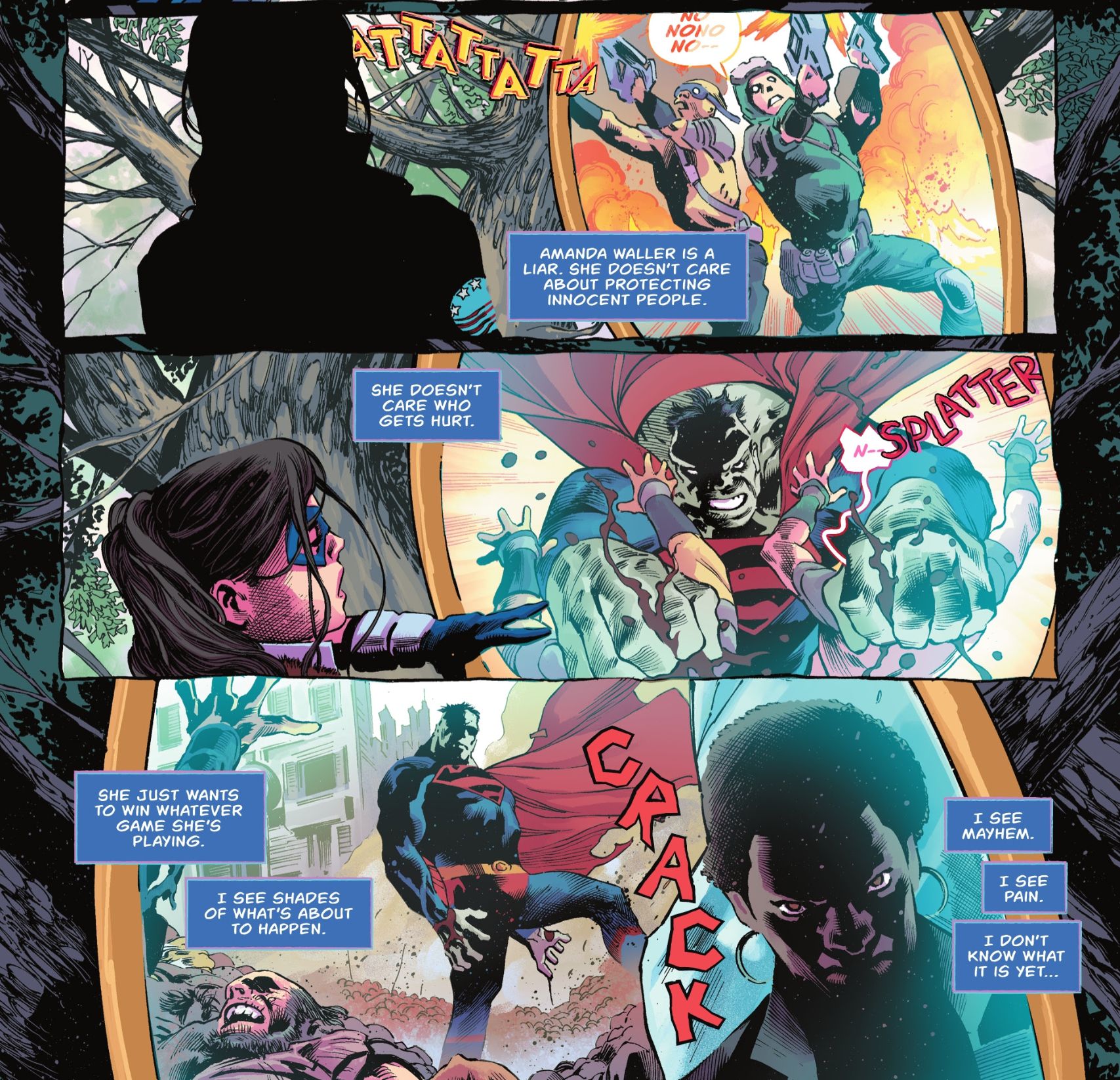 Staring through a dream mirror, Dreamer is overwhelmed by visions of Amanda Waller orchestrating mass destruction.