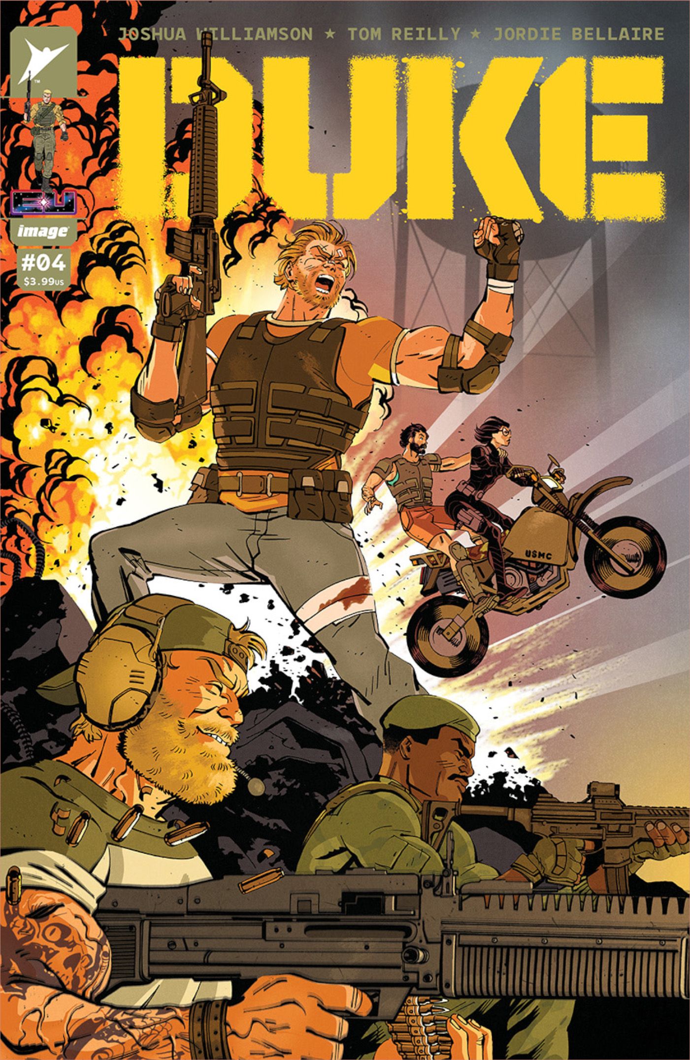 Duke #4 Cover A, uma cena explosiva repleta de motos e tanques