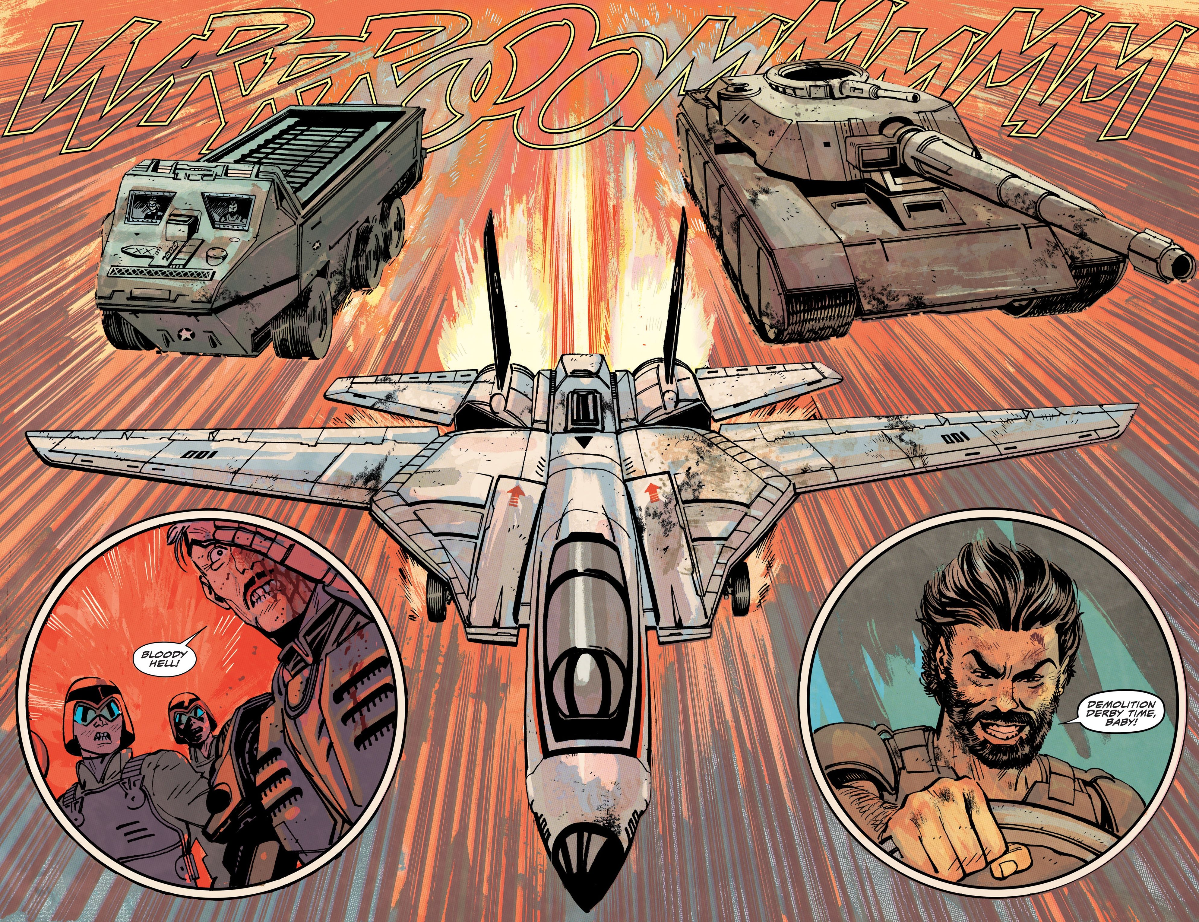 Duke #4 Splash page of MOBAT tank, Skystriker jet and the APC-1