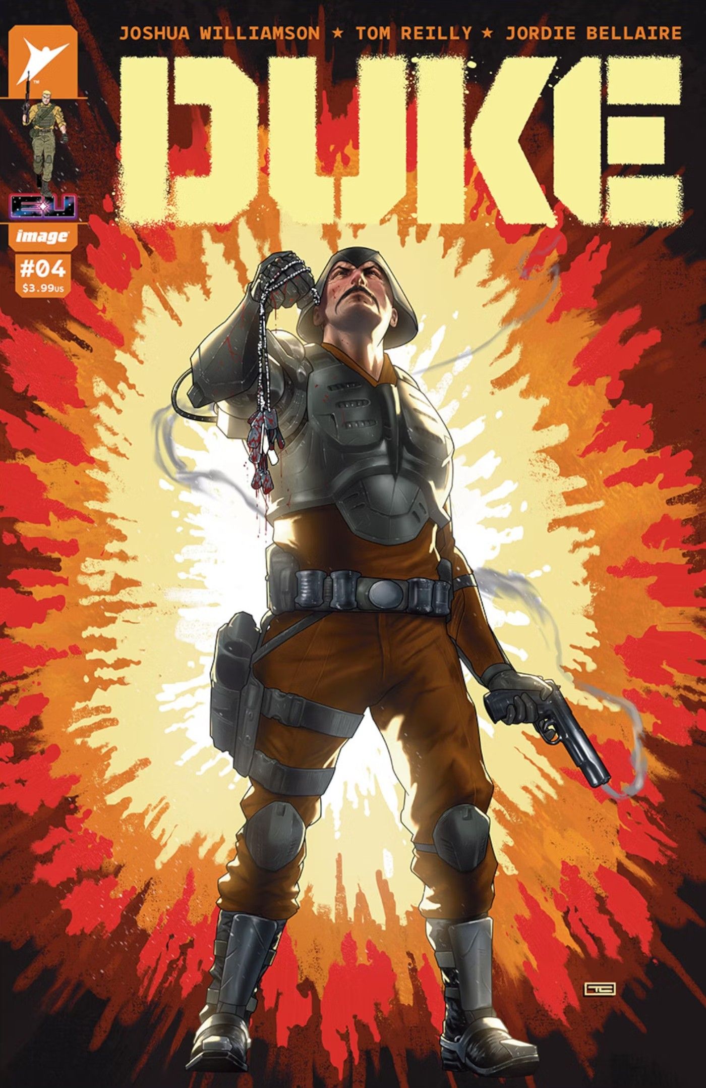 duke variant cover showing a man holding up bloody dog tags