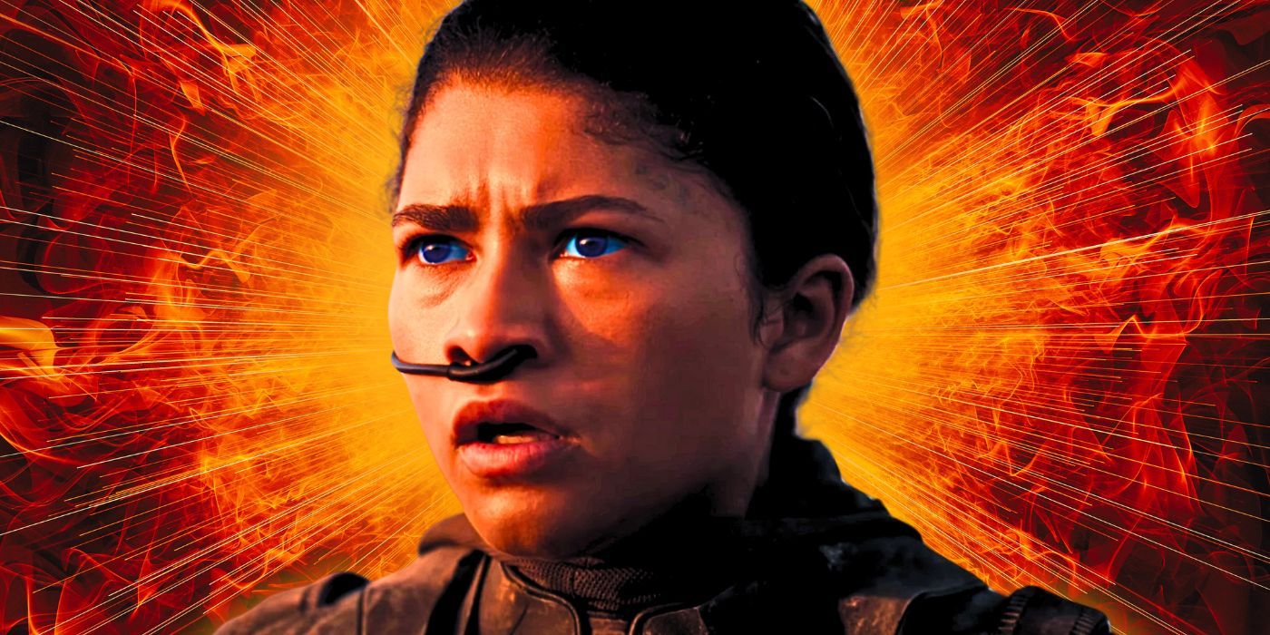 Chaney (Zendaya) con una expresión aterradora en su rostro sobre un fondo rojo y naranja intenso en Dune: Parte 2