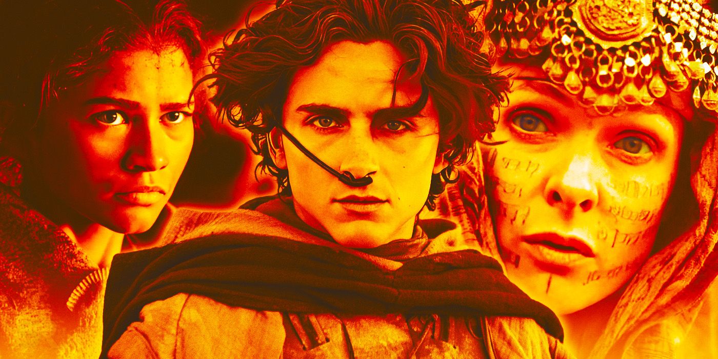 A yellow-toned custom image of Chani, Paul and Jessica from Dune 2