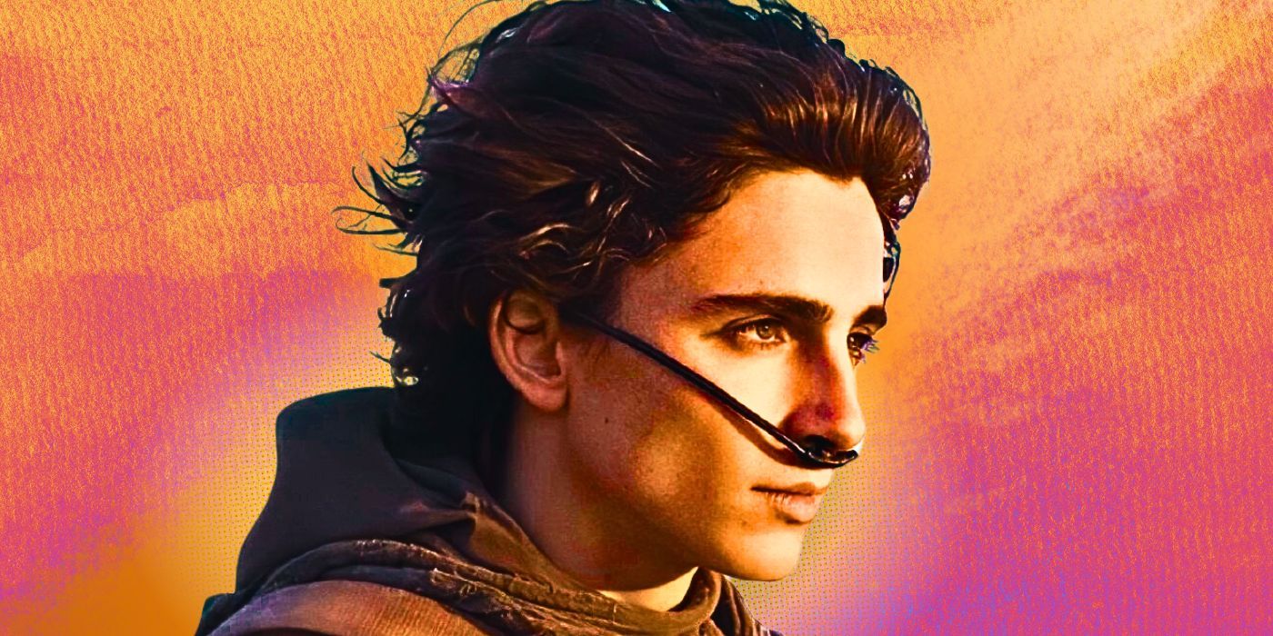 Timothee Chalamet as Paul Atreides wearing a stillsuit and nose tube looking hopefully to the right in front of an orange and pink background