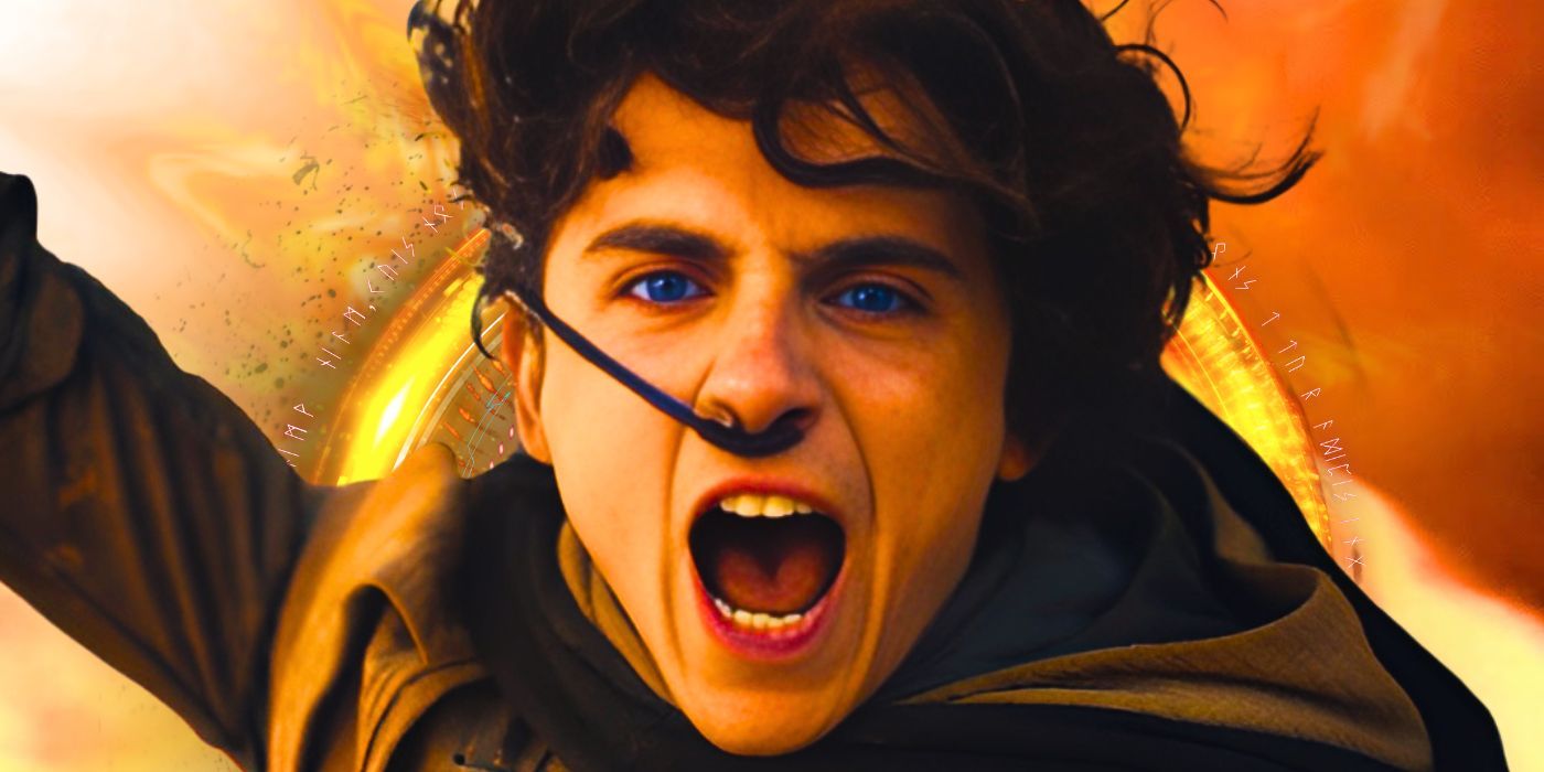Timothee Chalamet as Paul Atreides shouting in Dune Part Two with an explosion background 