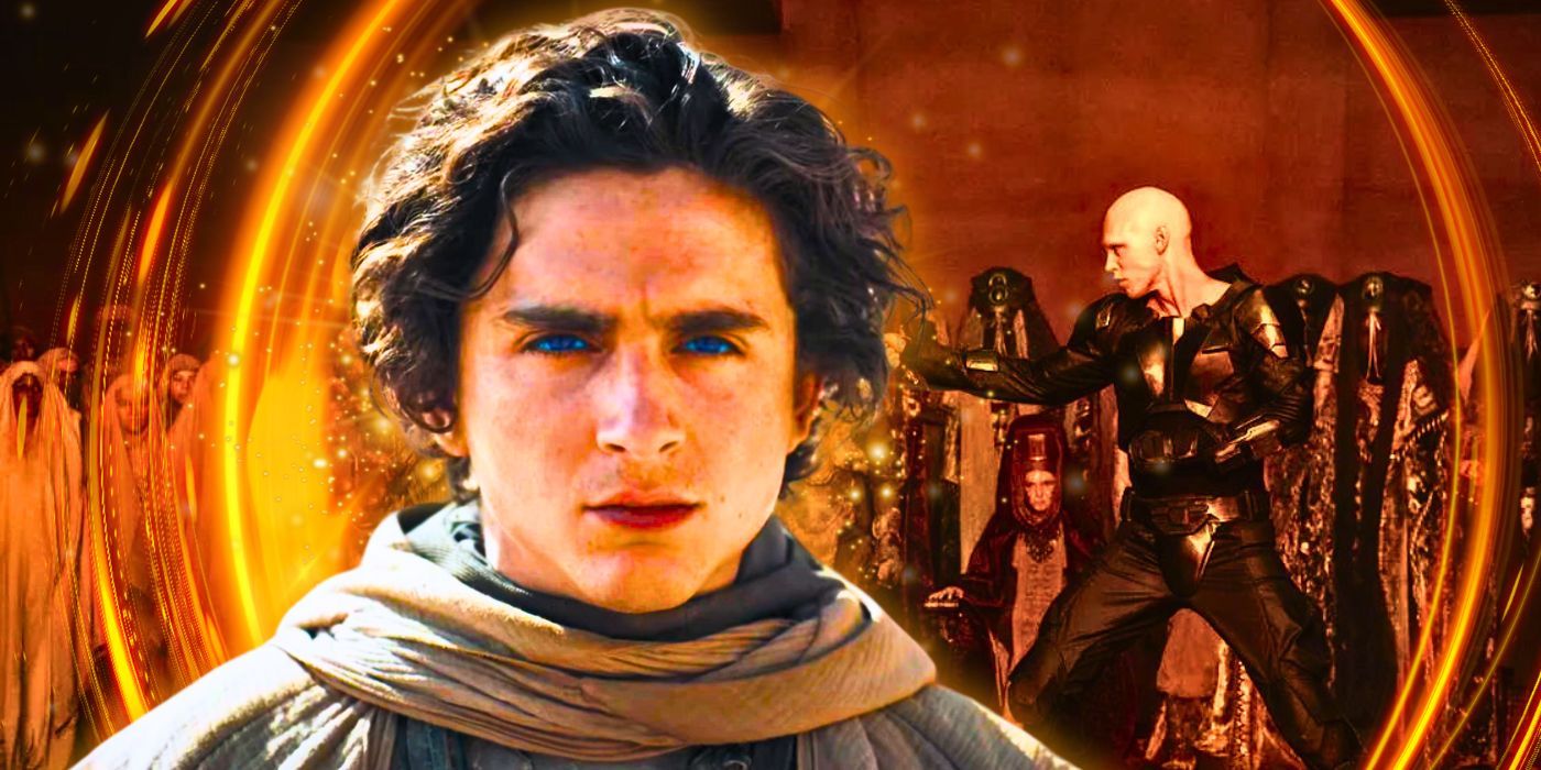 Timothee Chalamet as Paul Atreides in Dune 2 with Austin Butler fighting as Feyd-Rautha in the background