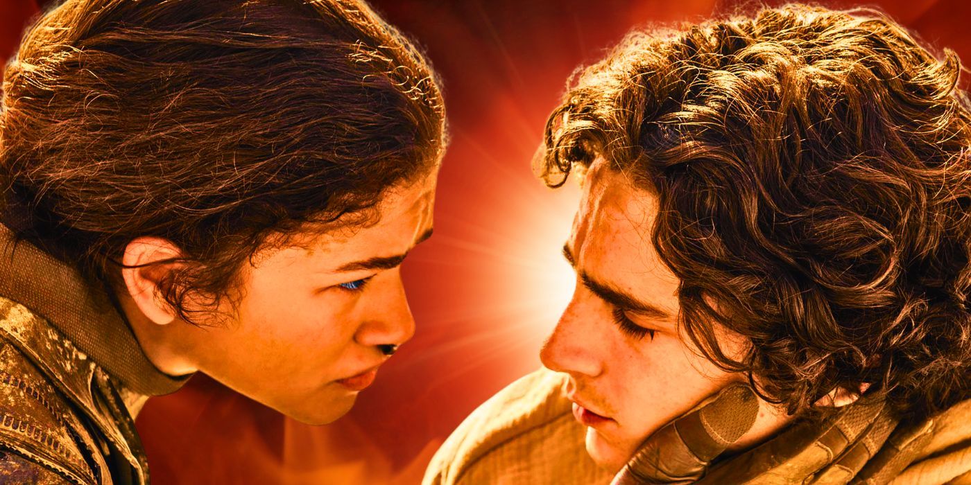 A custom image of Zendaya's Chani and Timothée Chalamet's Paul with their faces close in Dune 2