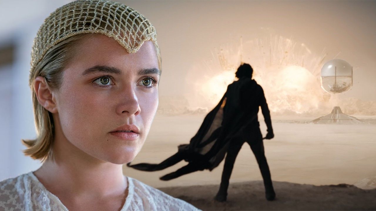 Princess Irulan (Florence Pugh) composited with an image of Paul standing in front of a major battle in the distance from Dune: Part 2