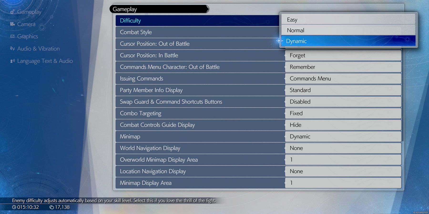 The options menu showing the Dynamic difficulty setting in FF7 Rebirth.