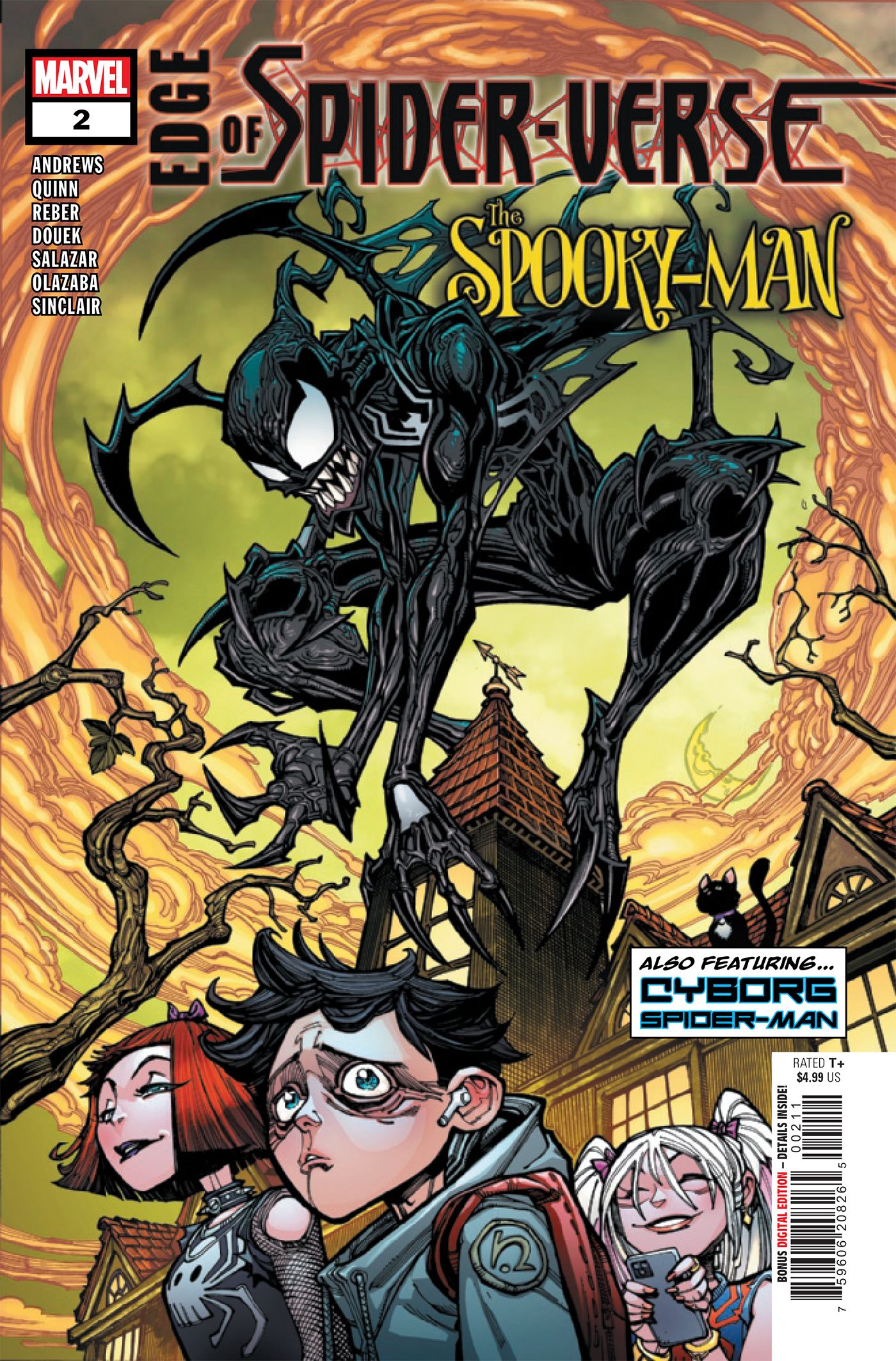 Capa de Edge of Spider-Verse # 2, apresentando um "Spooky-Man" parecido com Venom pairando sobre crianças preocupadas