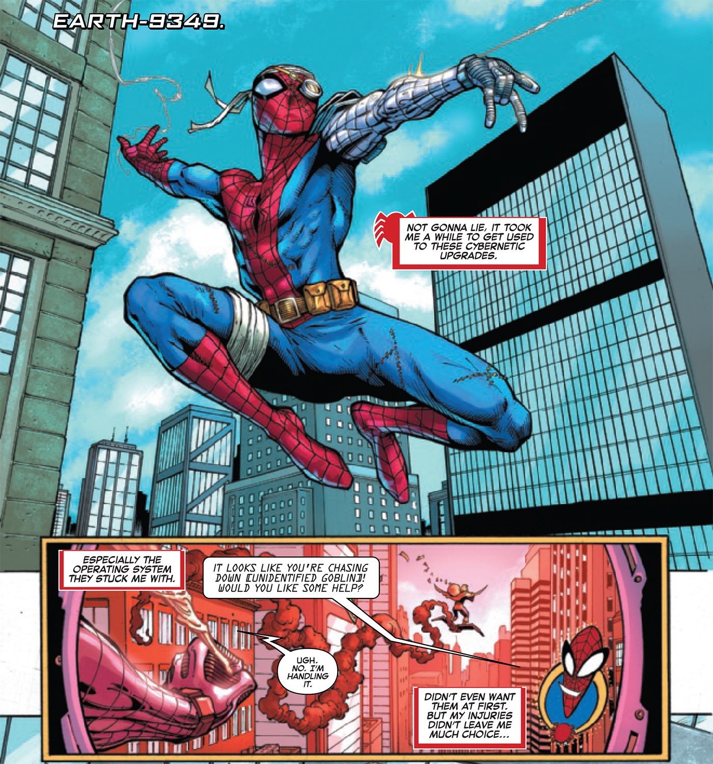 Edge of Spider-Verse #2 - Homem-Aranha Ciborgue e Spider-Clippy.  O Homem-Aranha não está sentindo seu novo companheiro de IA.