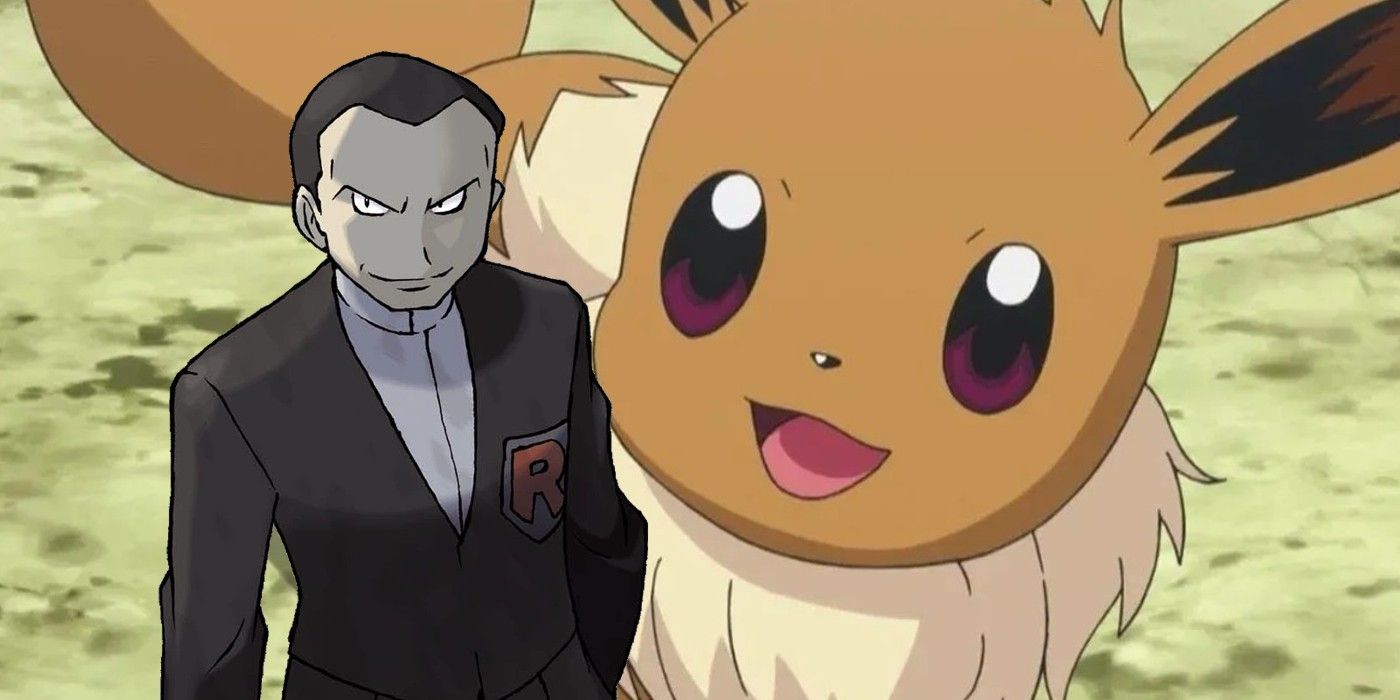Team Rocket's Giovanni layered over a smiling Eevee