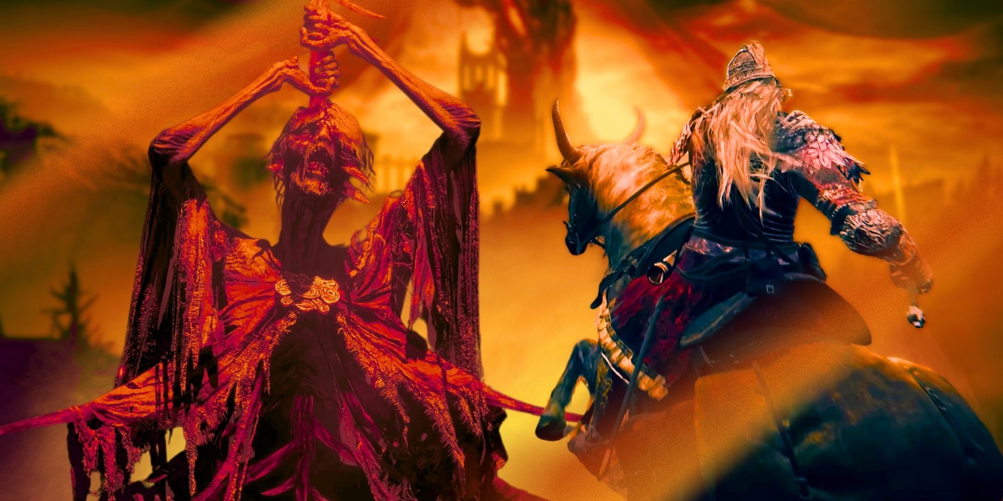 A collage of images from Elden Ring's Shadow of the Erdtree DLC, featuring a figure pulling a long object from their head and another on horseback.
