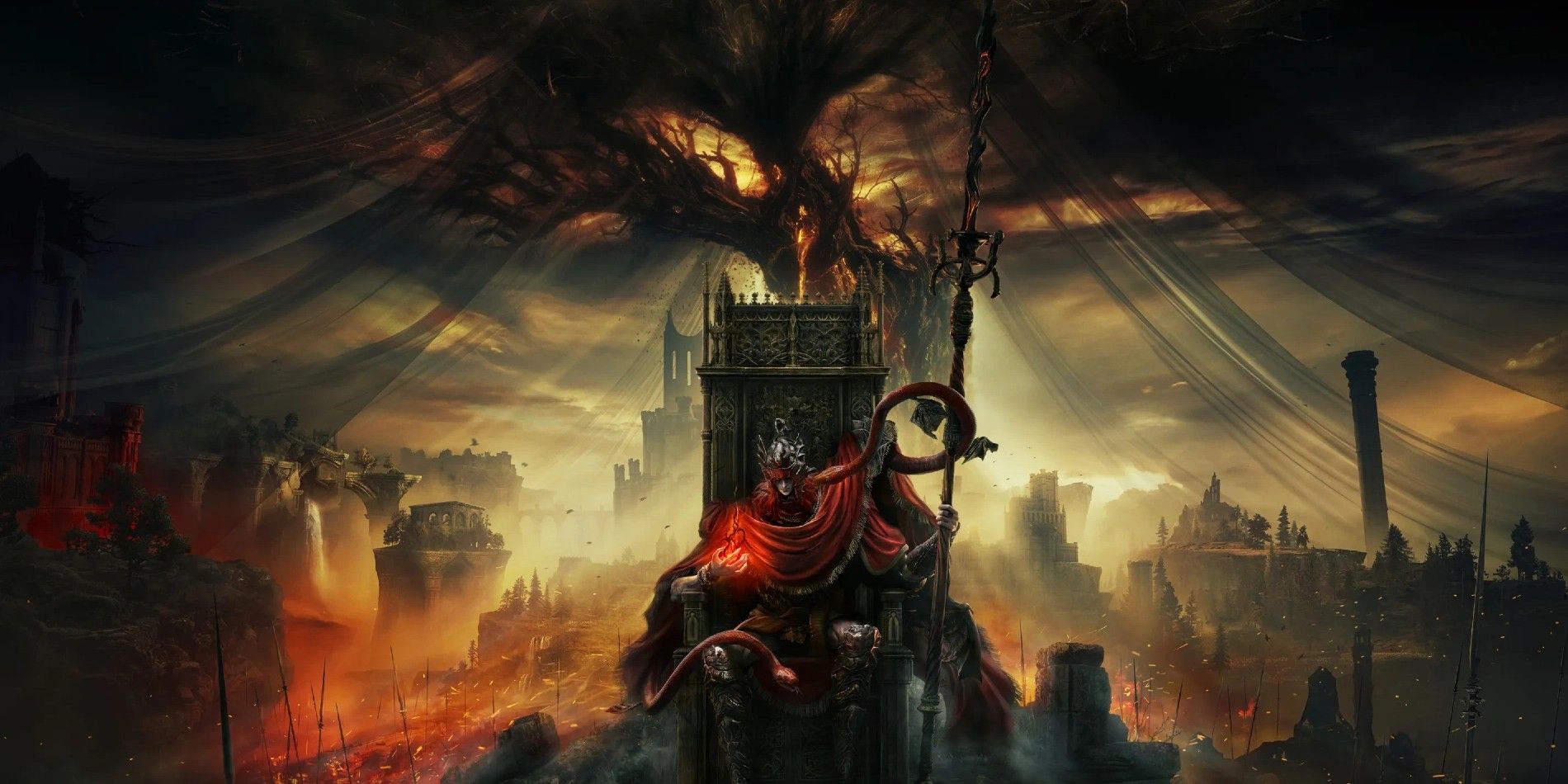 Uma imagem promocional do DLC Shadow of the Erdtree de Elden Ring apresentando Messmer, o Empalador, sentado em um trono.