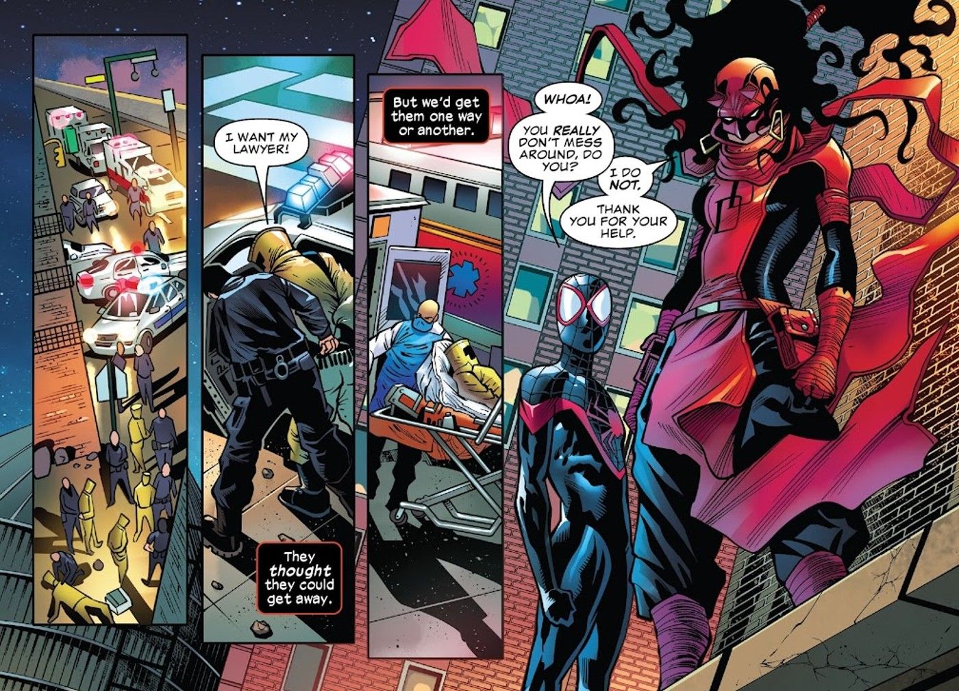 Elektra Daredevil and Spider-Man Miles Morales watch over Hell's Kitchen