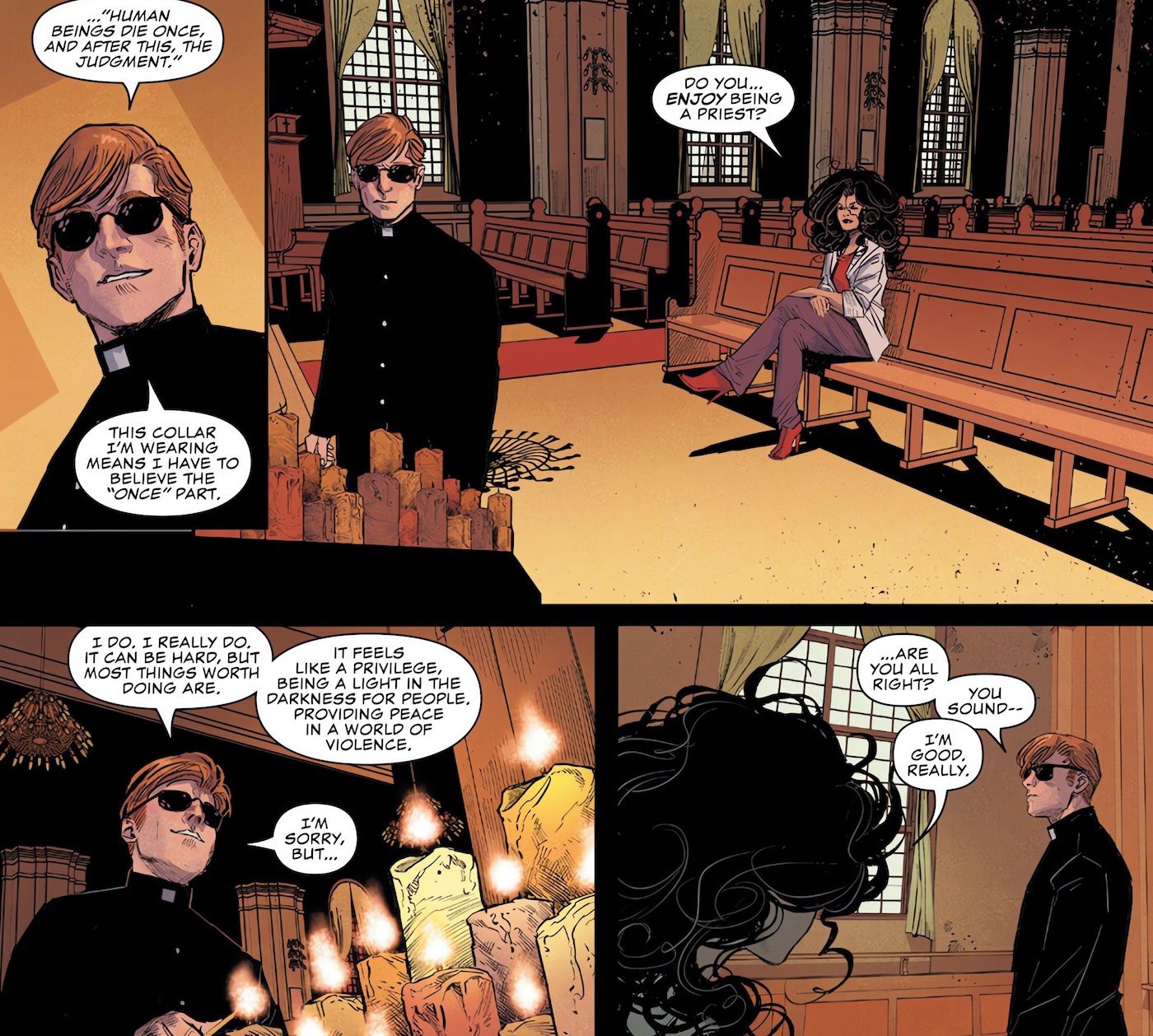 Comic panel: Electra meets Father Matthew in the church.