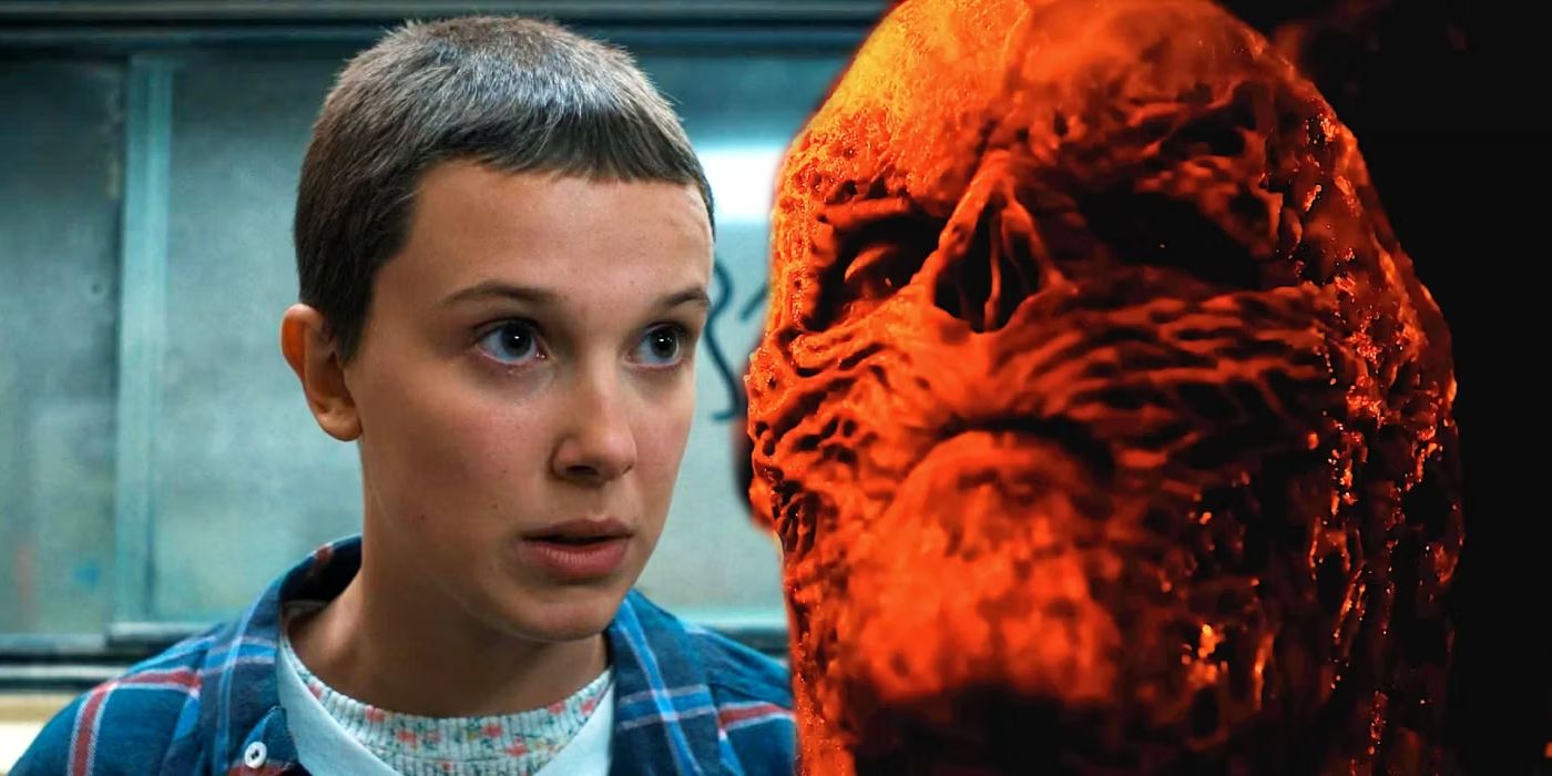 Eleven Speaking and looking up Next to Vecna Looking Menacing shaded red in Stranger Things