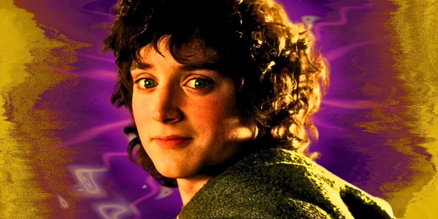 Elijah Wood as Frodo Baggins in The Lord of the Rings against a purple and yellow background