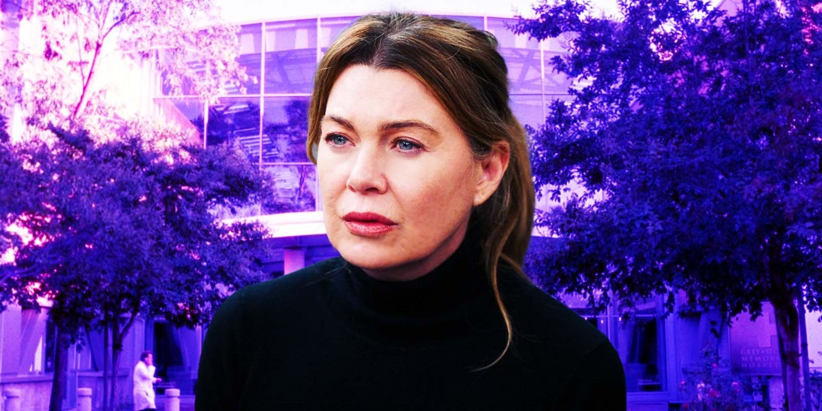Ellen Pompeo as Meredith Grey looking disturbed in front of a purple background in Grey's Anatomy season 20 episode 3-3