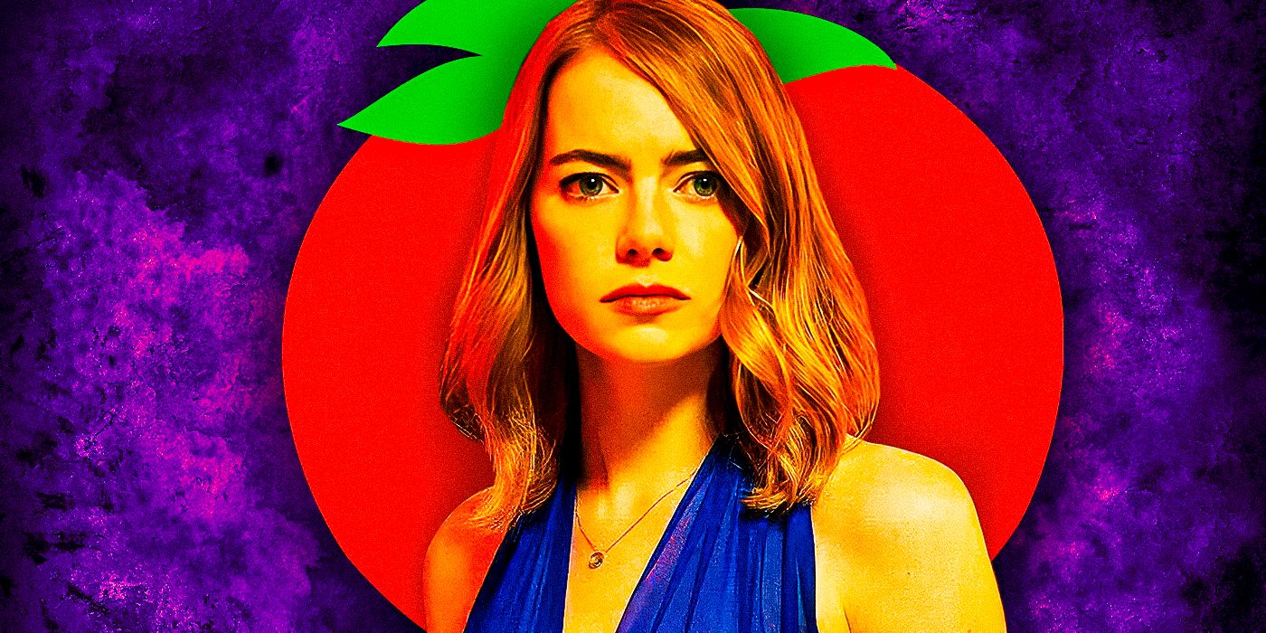 Emma Stone as Mia from La La Land with Rotten Tomatoes logo behind