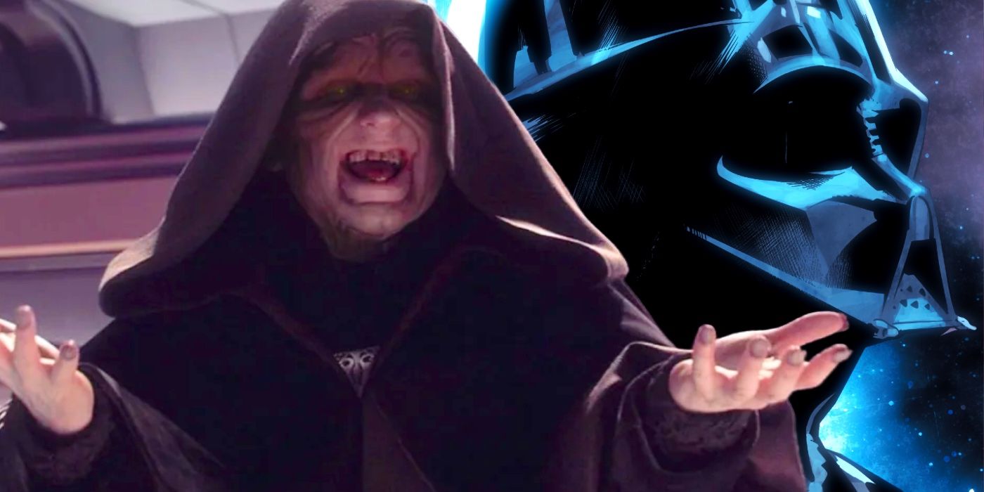 Imagem personalizada de Star Wars do Imperador Palpatine e Darth Vader com Palpatine rindo maldosamente em primeiro plano e Darth Vader em segundo plano