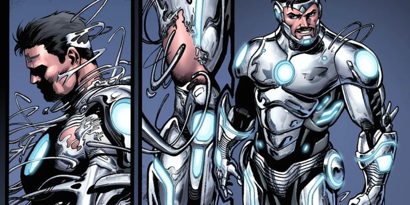 Iron Man's Endo-Sym Armor forming around him in Marvel Comics