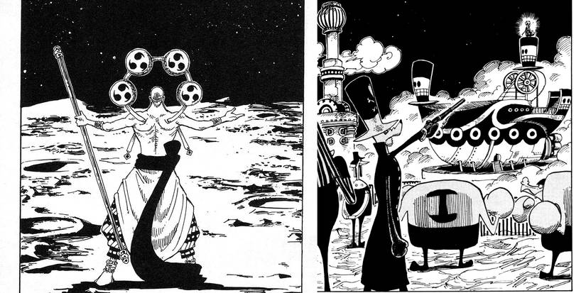 Enel standing on the moon in One Piece to the left and the space pirates and their ship on the moon to the right