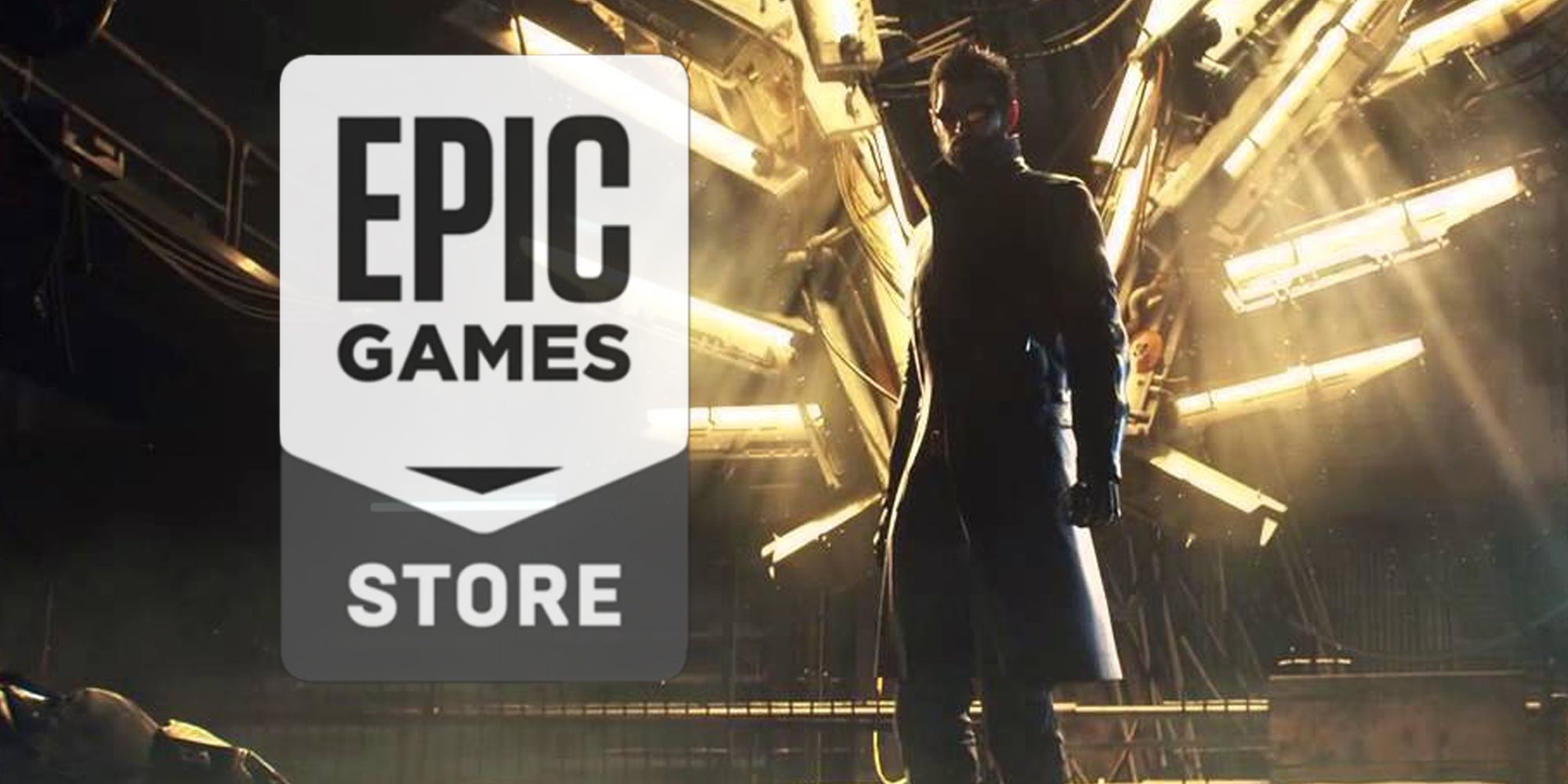 The Epic Games Store logo with a silhouetted Adam Jensen from Deus Ex: Mankind Divided