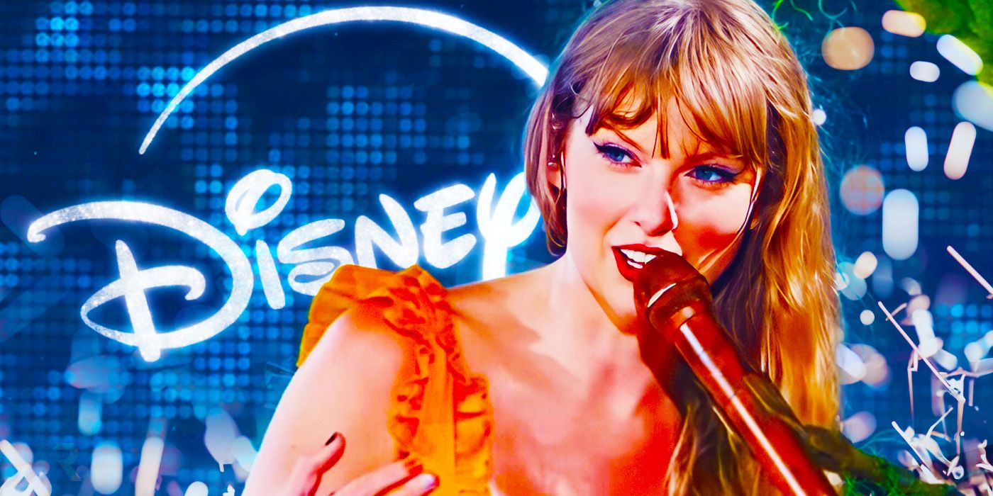 Taylor Swift in Taylor Swift: The Eras Tour in front of a Disney+ sign.