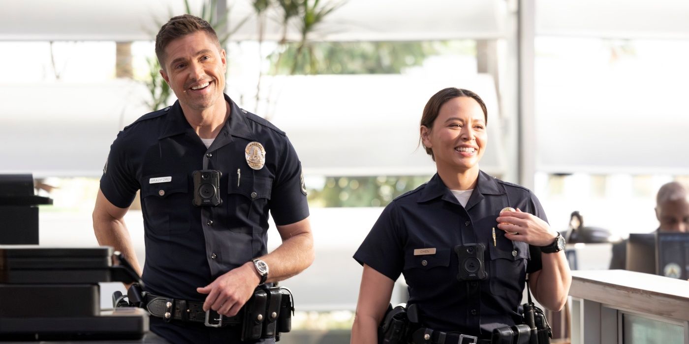 Eric Winter as Tim Bradford and Melissa O'Neil as Lucy Chen in The Rookie season 6, episode 3.