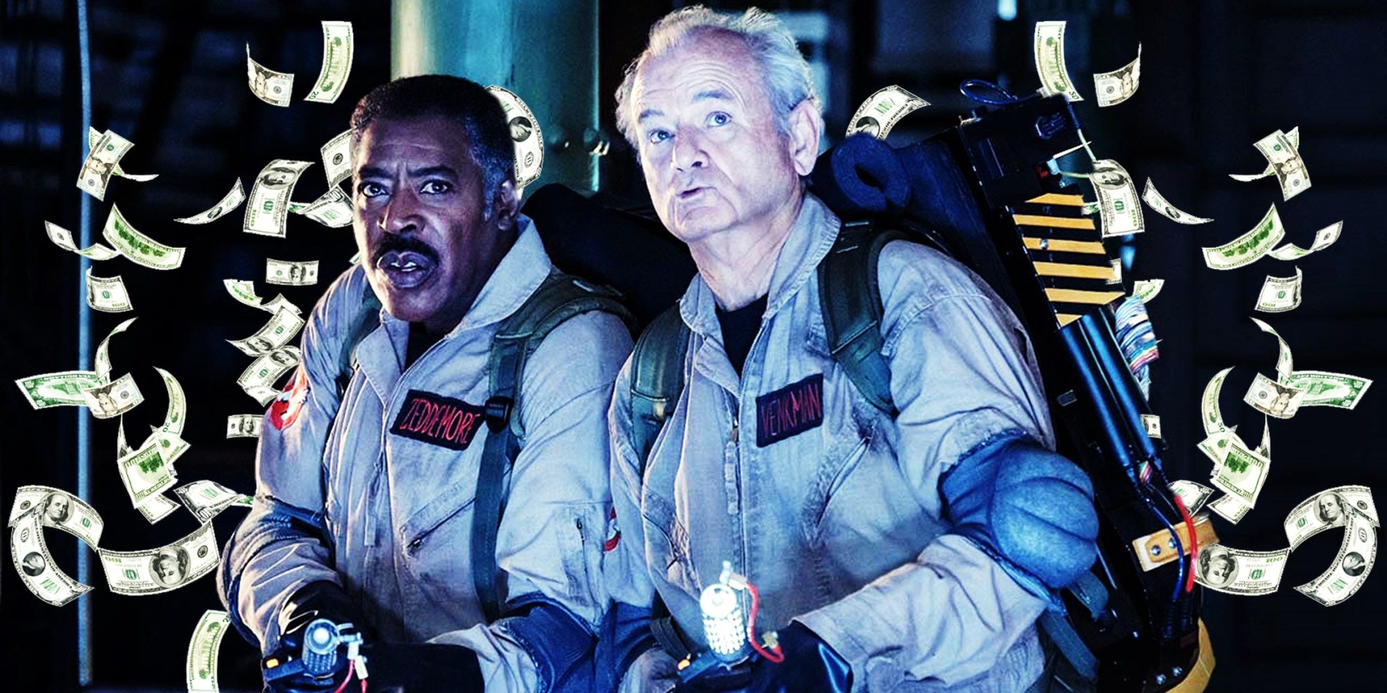 Ernie Hudson and Bill Murray in Ghostbusters Frozen Empire with falling money