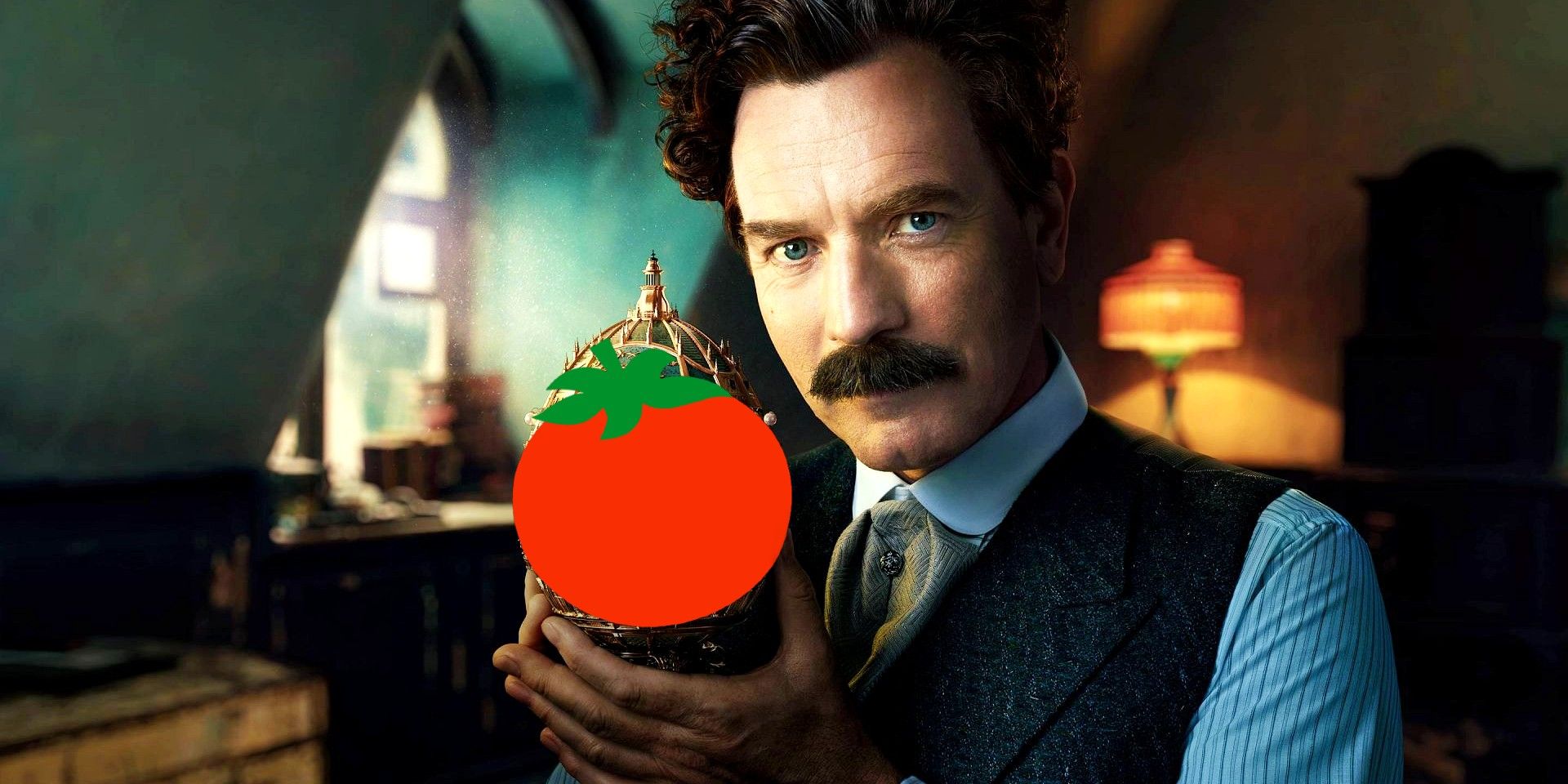 Ewan McGregor smiling while holding onto a fresh Rotten Tomatoes symbol in A Gentleman in Moscow