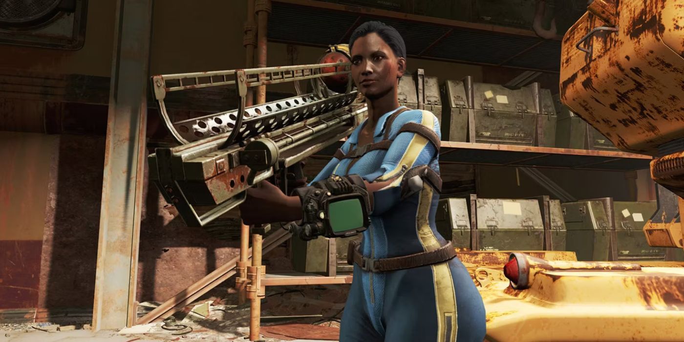 Personagem de Fallout 4 segurando a arma Fat Man