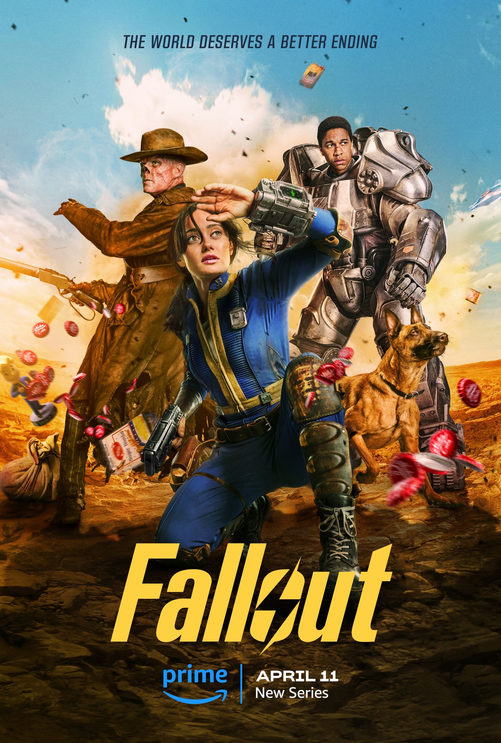 Cartaz do programa de TV Fallout mostrando Lucy, CX404, Ghoul e Maximus na frente de uma explosão com tampinhas de garrafa voadoras